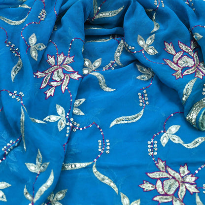 Indian Vintage Heavy Blue Dupatta Pure Georgette Silk Long Stole Hand Embroidered Scarf Zardozi, Zari Scarves Wrap Hijab Veil