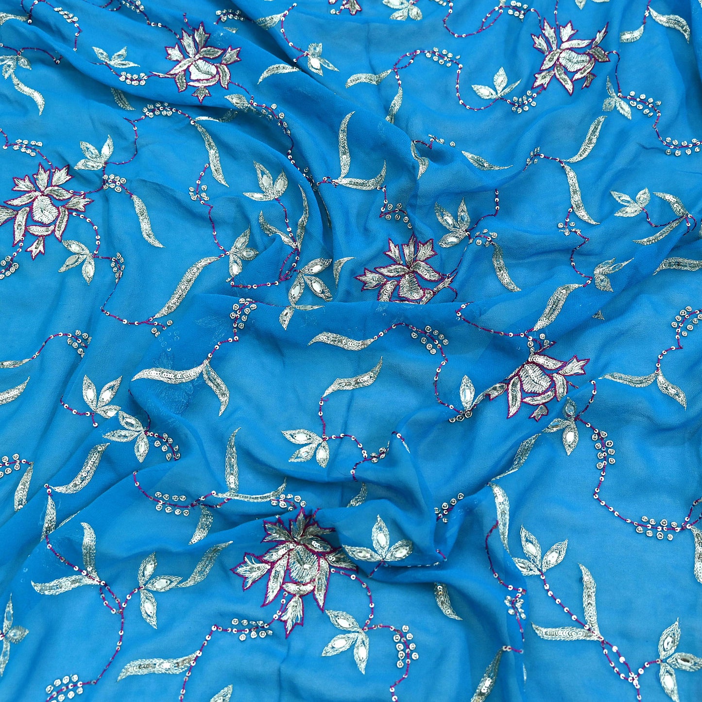 Indian Vintage Heavy Blue Dupatta Pure Georgette Silk Long Stole Hand Embroidered Scarf Zardozi, Zari Scarves Wrap Hijab Veil