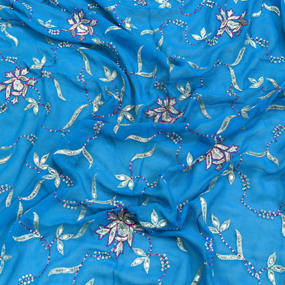 Indian Vintage Heavy Blue Dupatta Pure Georgette Silk Long Stole Hand Embroidered Scarf Zardozi, Zari Scarves Wrap Hijab Veil