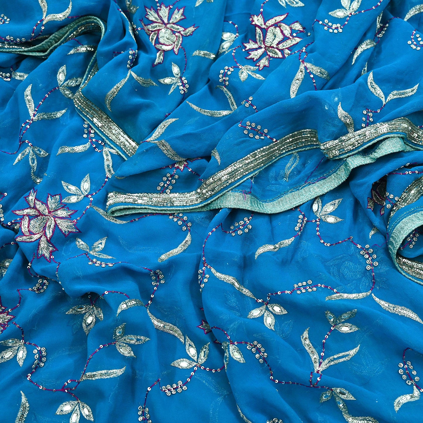 Indian Vintage Heavy Blue Dupatta Pure Georgette Silk Long Stole Hand Embroidered Scarf Zardozi, Zari Scarves Wrap Hijab Veil