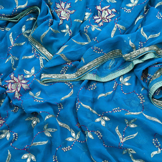 Indian Vintage Heavy Blue Dupatta Pure Georgette Silk Long Stole Hand Embroidered Scarf Zardozi, Zari Scarves Wrap Hijab Veil