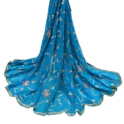 Indian Vintage Heavy Blue Dupatta Pure Georgette Silk Long Stole Hand Embroidered Scarf Zardozi, Zari Scarves Wrap Hijab Veil