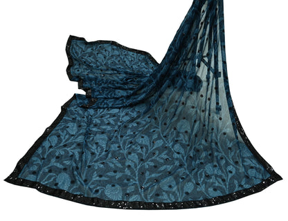Indian Vintage Dupatta Green Long Stole Hand Beaded Printed Pure Georgette Silk Scarves Veil Wrap Soft Floral