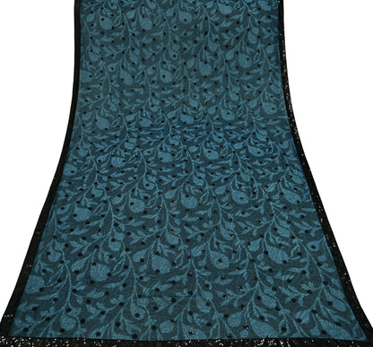Indian Vintage Dupatta Green Long Stole Hand Beaded Printed Pure Georgette Silk Scarves Veil Wrap Soft Floral