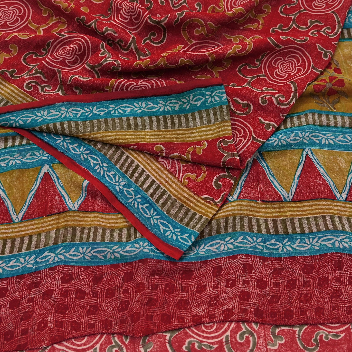 Indian Vintage Red & Blue Saree 100% Pure Georgette Silk Printed Sari Sewing 5yd Craft Fabric Dress Designing for Dress making