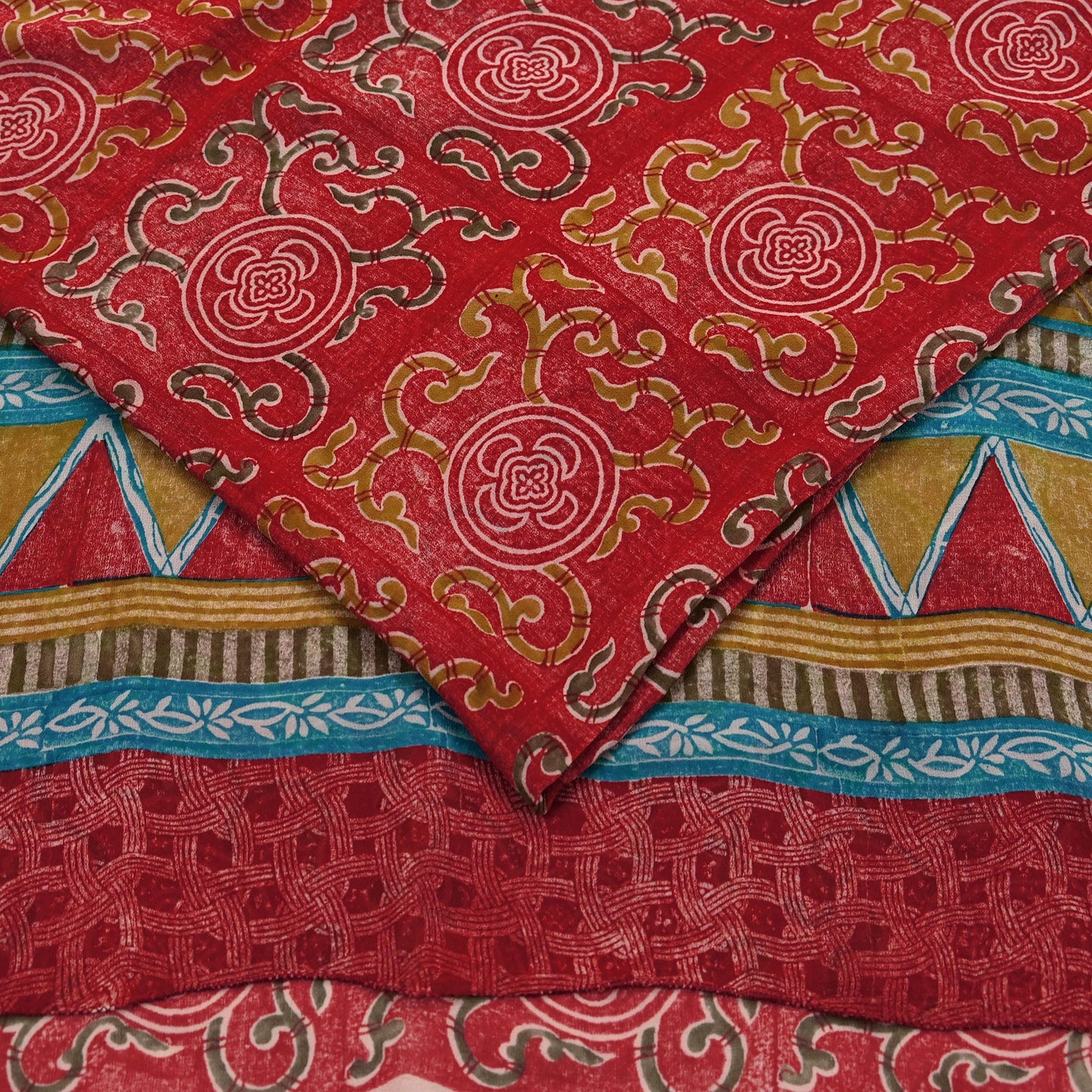Indian Vintage Red & Blue Saree 100% Pure Georgette Silk Printed Sari Sewing 5yd Craft Fabric Dress Designing for Dress making