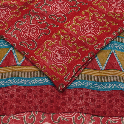 Indian Vintage Red & Blue Saree 100% Pure Georgette Silk Printed Sari Sewing 5yd Craft Fabric Dress Designing for Dress making