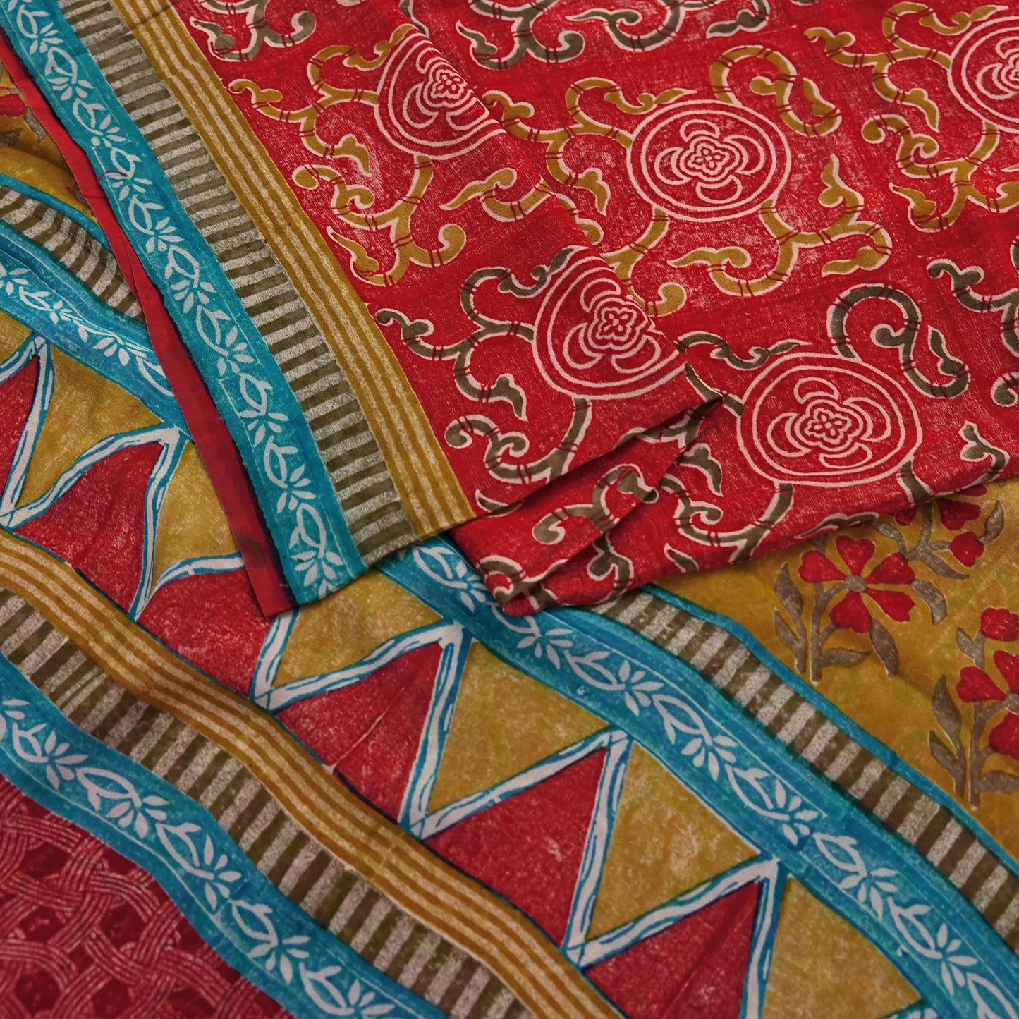 Indian Vintage Red & Blue Saree 100% Pure Georgette Silk Printed Sari Sewing 5yd Craft Fabric Dress Designing for Dress making