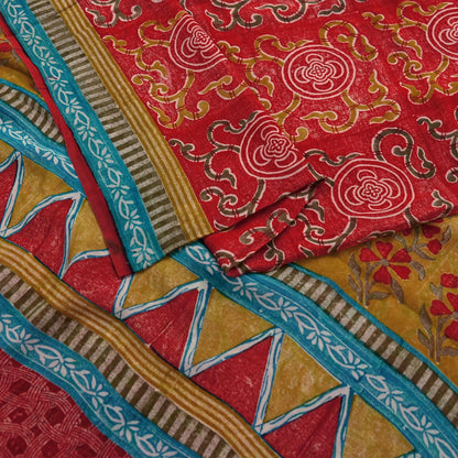 Indian Vintage Red & Blue Saree 100% Pure Georgette Silk Printed Sari Sewing 5yd Craft Fabric Dress Designing for Dress making