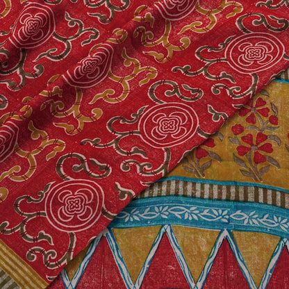 Indian Vintage Red & Blue Saree 100% Pure Georgette Silk Printed Sari Sewing 5yd Craft Fabric Dress Designing for Dress making