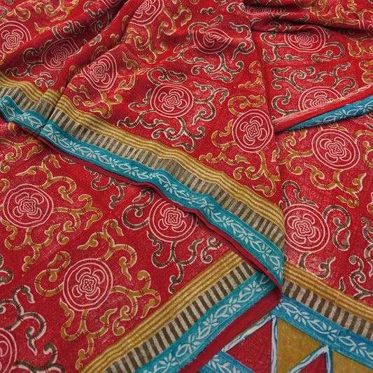 Indian Vintage Red & Blue Saree 100% Pure Georgette Silk Printed Sari Sewing 5yd Craft Fabric Dress Designing for Dress making