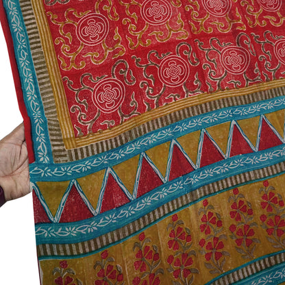 Indian Vintage Red & Blue Saree 100% Pure Georgette Silk Printed Sari Sewing 5yd Craft Fabric Dress Designing for Dress making