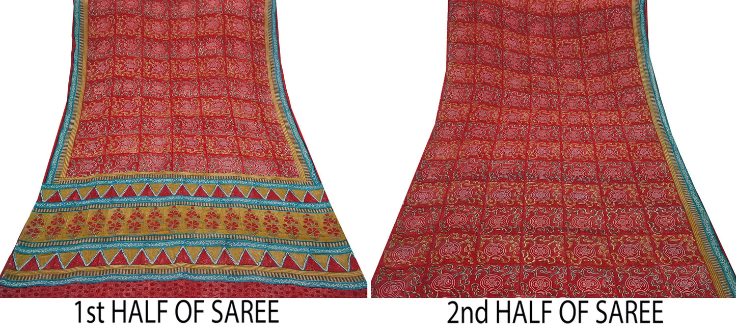 Indian Vintage Red & Blue Saree 100% Pure Georgette Silk Printed Sari Sewing 5yd Craft Fabric Dress Designing for Dress making