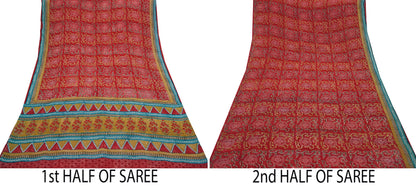 Indian Vintage Red & Blue Saree 100% Pure Georgette Silk Printed Sari Sewing 5yd Craft Fabric Dress Designing for Dress making