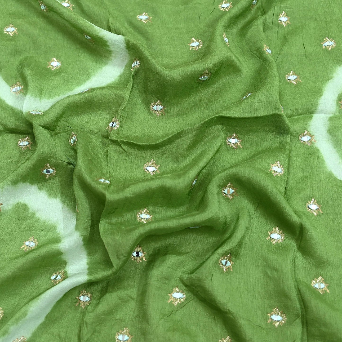 Indian Vintage Green Dupatta Long Stole Blend silk Woven Brocade Scarves Veil Scarf Wrap Hippie Boho Soft Floral Mirror