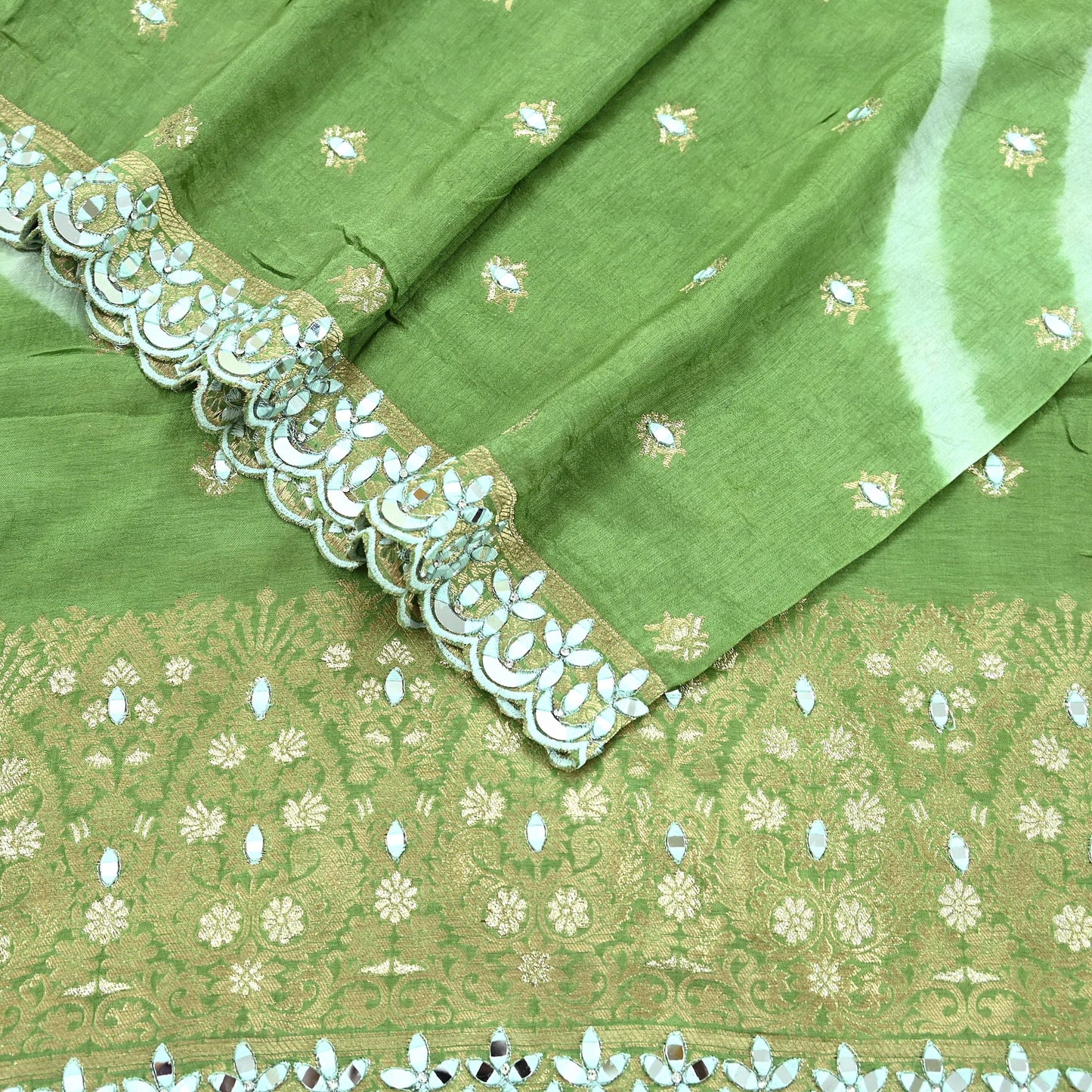 Indian Vintage Green Dupatta Long Stole Blend silk Woven Brocade Scarves Veil Scarf Wrap Hippie Boho Soft Floral Mirror