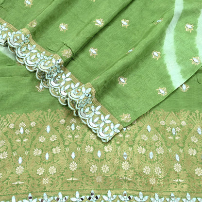 Indian Vintage Green Dupatta Long Stole Blend silk Woven Brocade Scarves Veil Scarf Wrap Hippie Boho Soft Floral Mirror