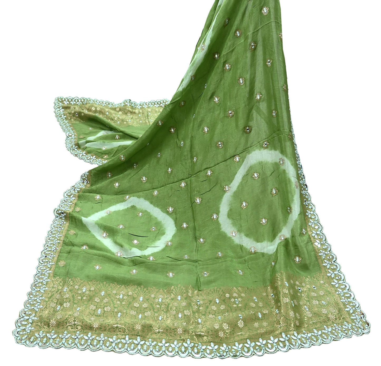 Indian Vintage Green Dupatta Long Stole Blend silk Woven Brocade Scarves Veil Scarf Wrap Hippie Boho Soft Floral Mirror