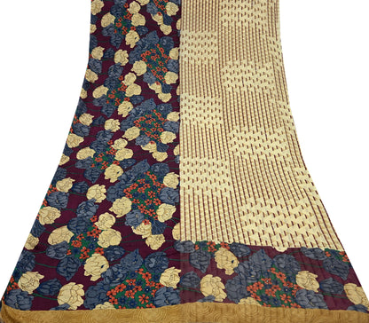 Indian Vintage Sari Beige & Maroon Pure Georgette Silk Printed Sarees Craft Fabric Sewing 5Yd Soft Dress Making Crafting Quilting Upcycle