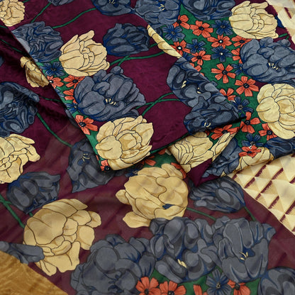 Indian Vintage Sari Beige & Maroon Pure Georgette Silk Printed Sarees Craft Fabric Sewing 5Yd Soft Dress Making Crafting Quilting Upcycle