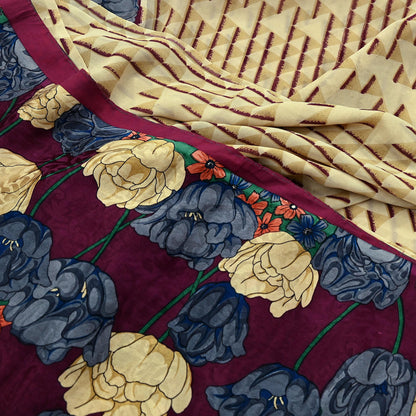 Indian Vintage Sari Beige & Maroon Pure Georgette Silk Printed Sarees Craft Fabric Sewing 5Yd Soft Dress Making Crafting Quilting Upcycle