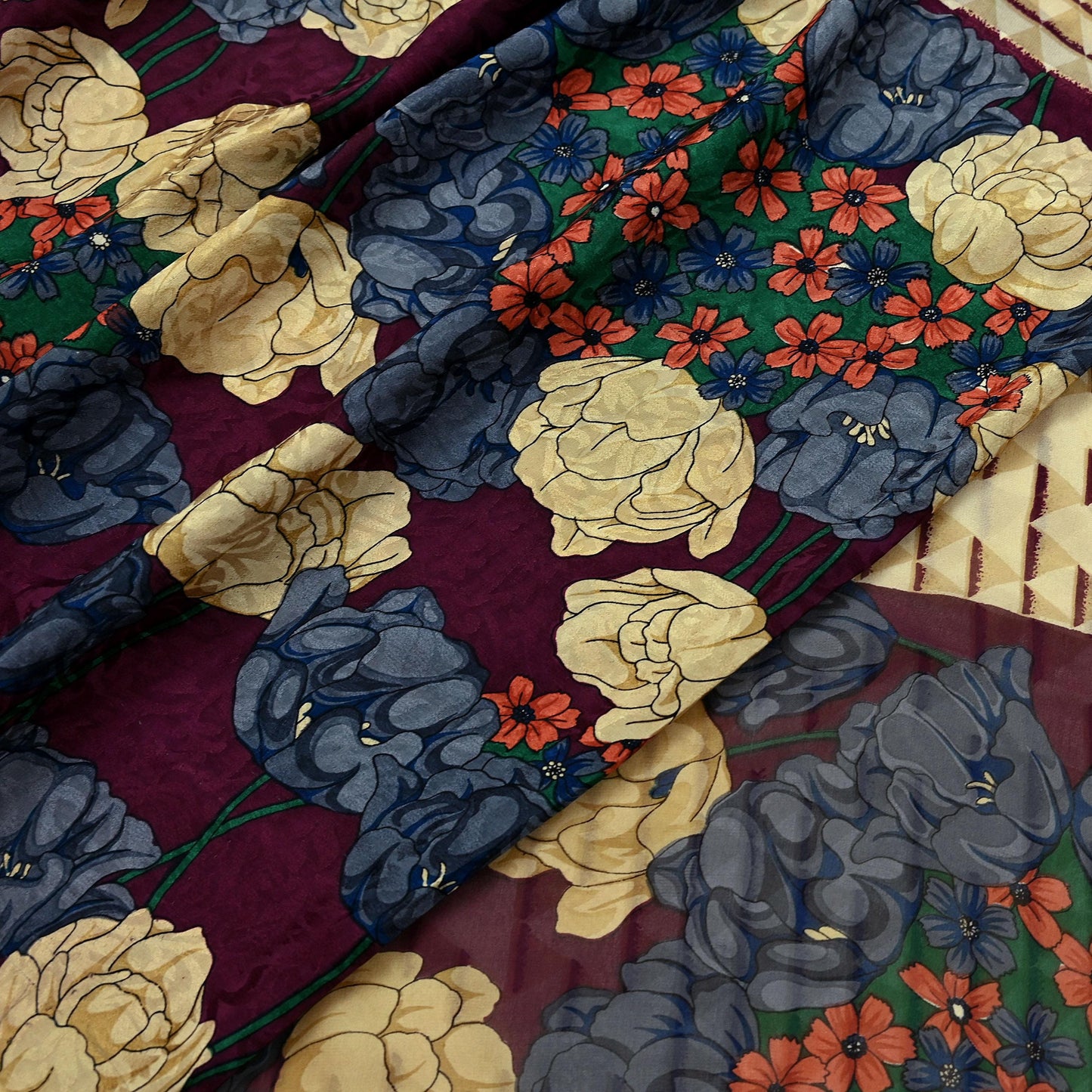 Indian Vintage Sari Beige & Maroon Pure Georgette Silk Printed Sarees Craft Fabric Sewing 5Yd Soft Dress Making Crafting Quilting Upcycle