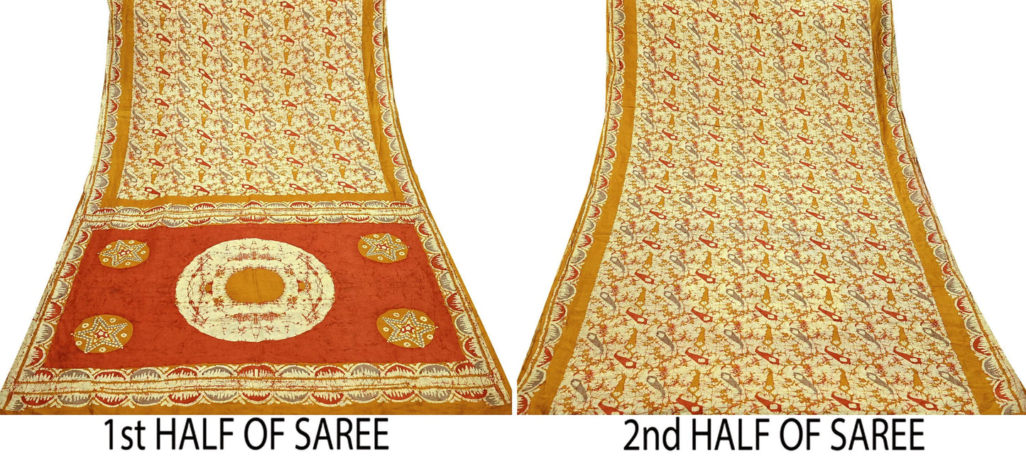 Indian Vintage Sarees Batik Printed 100% Pure Silk Sari Craft Fabric 6Yd Soft Sewing Sarong Wrap Boho Dress Making For Crafting Quilting