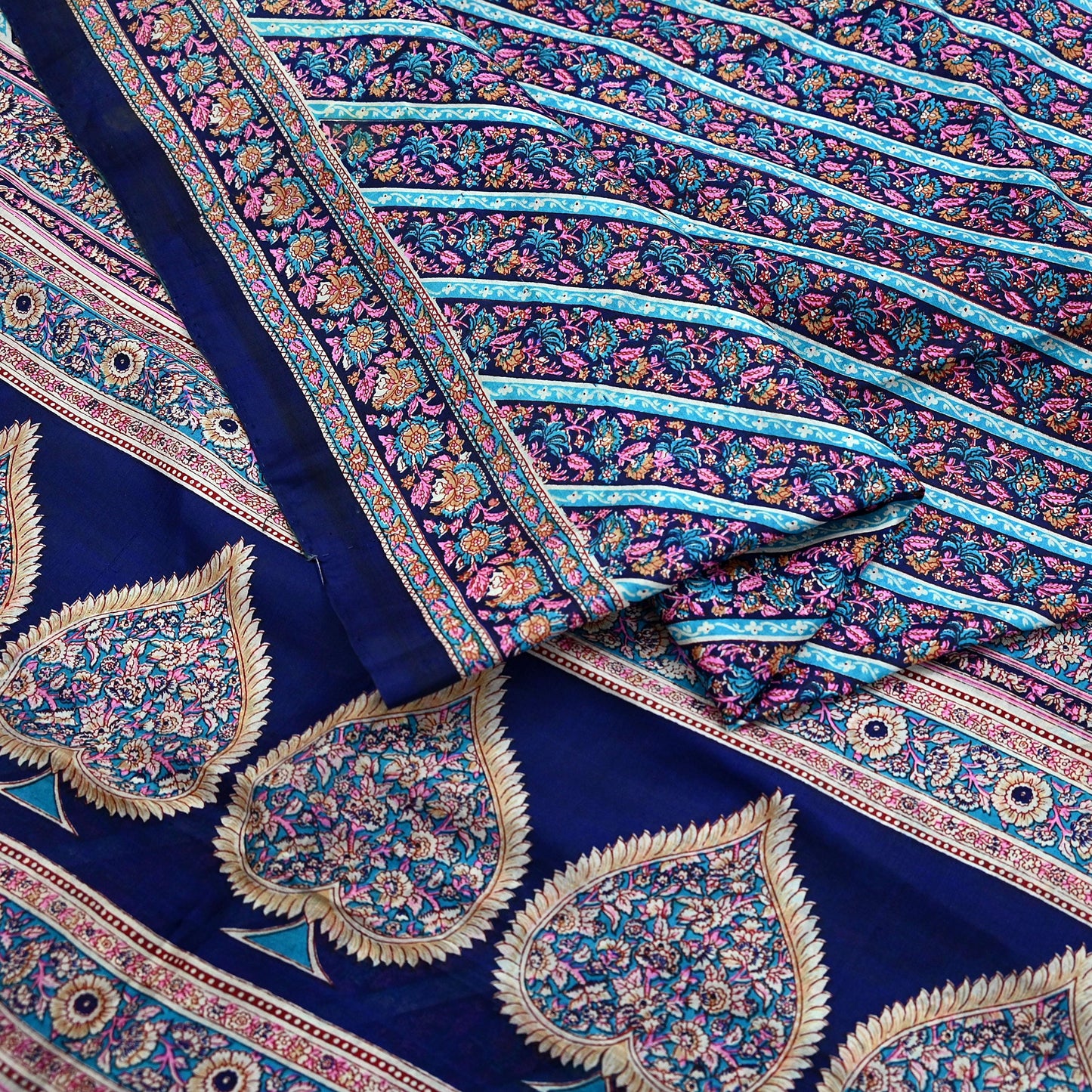 Indian Vintage Sari Blue Pure Silk Printed Sarees 5yd Sewing Craft Fabric Soft Dress Making Wrap Paisley Upcycle Quilting Crafting