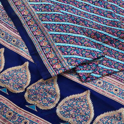 Indian Vintage Sari Blue Pure Silk Printed Sarees 5yd Sewing Craft Fabric Soft Dress Making Wrap Paisley Upcycle Quilting Crafting