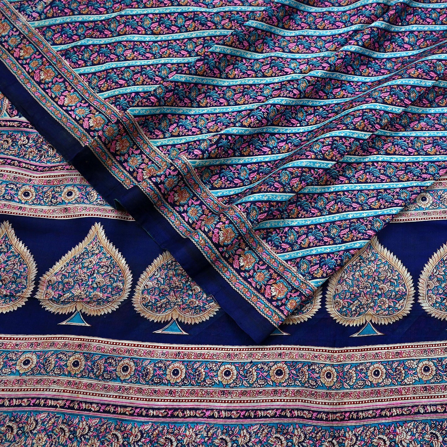Indian Vintage Sari Blue Pure Silk Printed Sarees 5yd Sewing Craft Fabric Soft Dress Making Wrap Paisley Upcycle Quilting Crafting