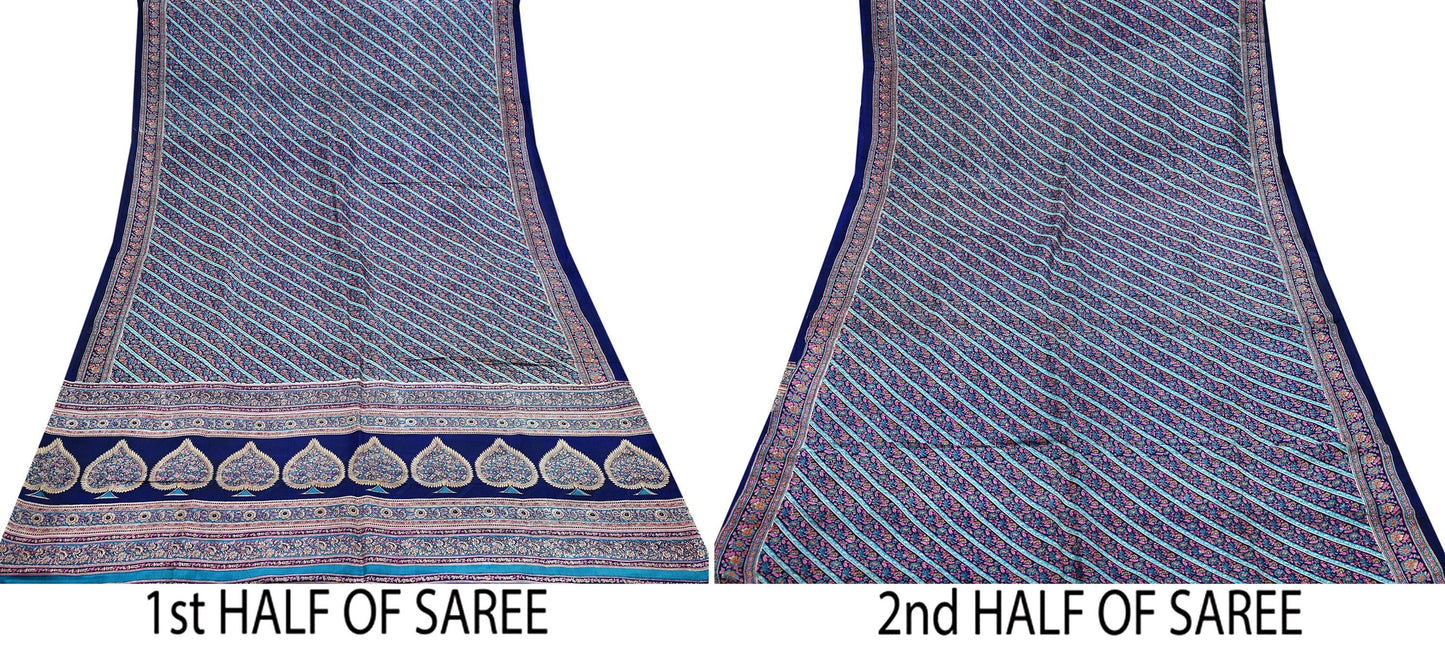 Indian Vintage Sari Blue Pure Silk Printed Sarees 5yd Sewing Craft Fabric Soft Dress Making Wrap Paisley Upcycle Quilting Crafting