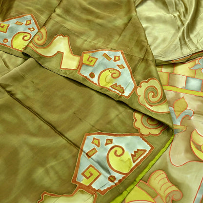 Indian Vintage Green Saree Pure Satin Silk Premium Printed Sari Craft Fabric 5yd Sewing Abstract Soft Dress Making For Crafting Quilting
