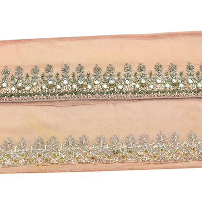 Indian Vintage Peach Sari Border Hand Embroidered Craft Trim Lace Sewing Pure Georgette Silk Ribbon Recycled Zardozi