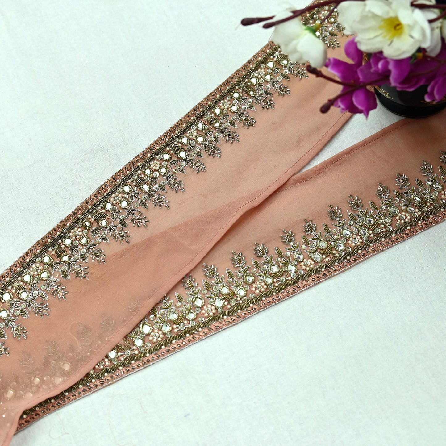 Indian Vintage Peach Sari Border Hand Embroidered Craft Trim Lace Sewing Pure Georgette Silk Ribbon Recycled Zardozi