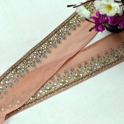 Indian Vintage Peach Sari Border Hand Embroidered Craft Trim Lace Sewing Pure Georgette Silk Ribbon Recycled Zardozi