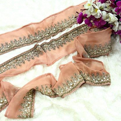 Indian Vintage Peach Sari Border Hand Embroidered Craft Trim Lace Sewing Pure Georgette Silk Ribbon Recycled Zardozi