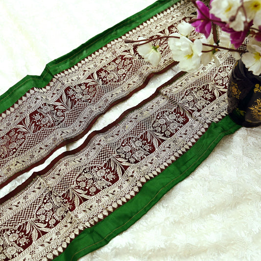 Indian Vintage Maroon & Green Sari Border Woven Banarasi 1yd Trim Craft Sewing Recycled Sari Border Zari Pure Silk Home Decor Crafting