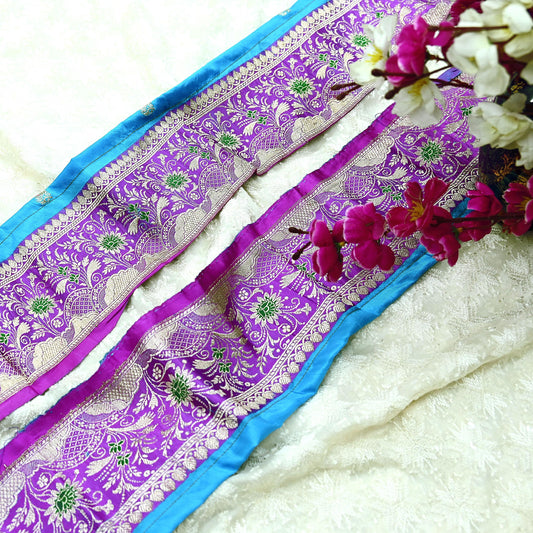 Indian Vintage Purple & Blue Sari Border Woven Banarasi 1yd Trim Craft Sewing Recycled Sari Border Silver Zari Pure Silk Home Decor Crafting
