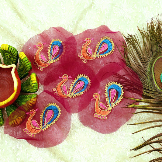 Indian Vintage 5 Pcs Rare Appliques Maroon Georgette Applique VERY OLD ANTIQUE Vintage Embroidered Snippets Remnants Craft Journals Peacock