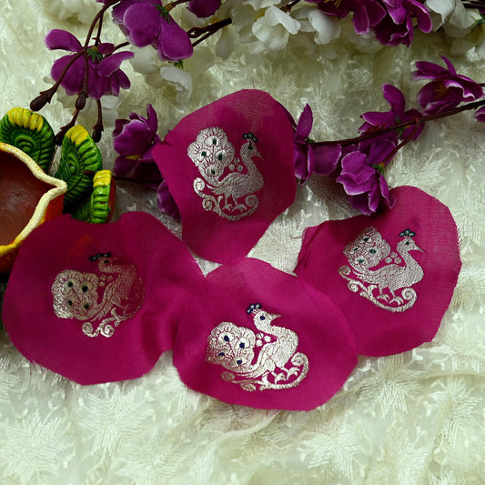 Vintage 4 Pcs Appliques Pink Sari Pure Silk Applique VERY OLD ANTIQUE Vintage Hand Woven Snippets Remnants Craft Journals India Rare