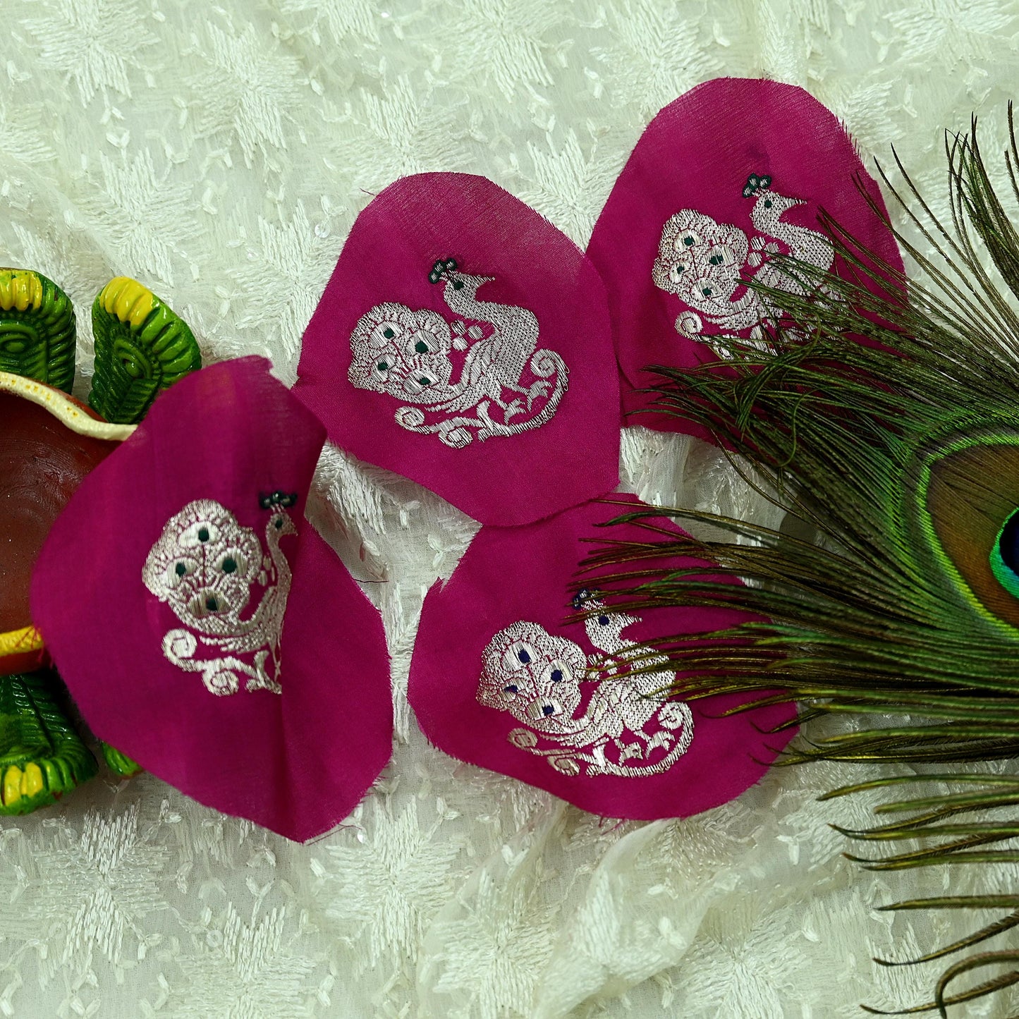 Vintage 4 Pcs Appliques Pink Sari Pure Silk Applique VERY OLD ANTIQUE Vintage Hand Woven Snippets Remnants Craft Journals India Rare