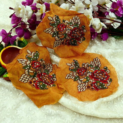Indian Vintage 3 Pcs Rare Appliques Saffron Pure silk Applique VERY OLD ANTIQUE Vintage Embroidered Snippets Remnants Craft Journals