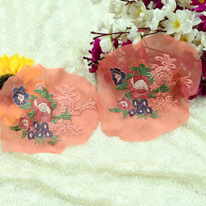 Indian Vintage 2 Pcs Rare Appliques Peach Georgette Applique VERY OLD ANTIQUE Vintage Embroidered Snippets Remnants Craft Journals Peacock