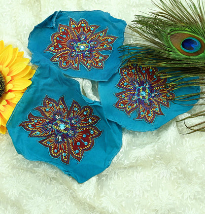 Indian Vintage 3 Pcs Rare Appliques Blue Pure Crepe silk Applique VERY OLD ANTIQUE Vintage Embroidered Snippets Remnants Craft Journals