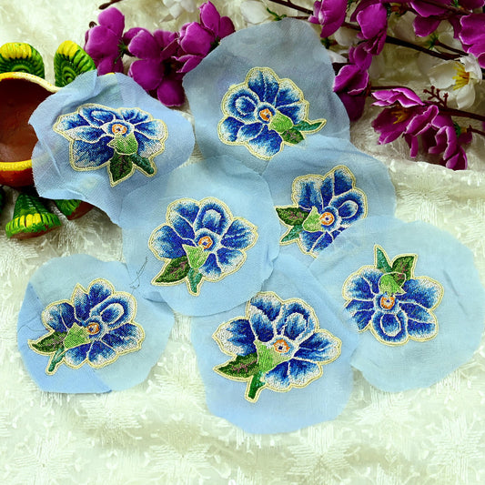 Indian Vintage 7 Pcs Rare Appliques Blue Georgette Applique VERY OLD ANTIQUE Vintage Embroidered Snippets Remnants Craft Journals