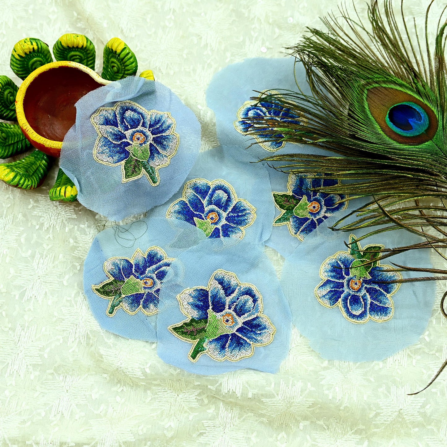 Indian Vintage 7 Pcs Rare Appliques Blue Georgette Applique VERY OLD ANTIQUE Vintage Embroidered Snippets Remnants Craft Journals