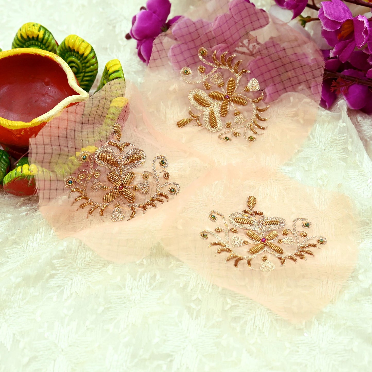 Indian Vintage 3 Pcs Rare Appliques Peach Georgette Applique VERY OLD ANTIQUE Vintage Embroidered Snippets Remnants Craft Journals