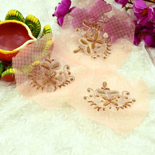 Indian Vintage 3 Pcs Rare Appliques Peach Georgette Applique VERY OLD ANTIQUE Vintage Embroidered Snippets Remnants Craft Journals