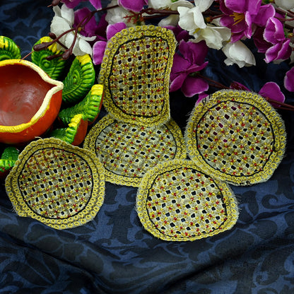 Indian Vintage 5 Pcs Rare Appliques Beige Georgette Applique VERY OLD ANTIQUE Vintage Embroidered Snippets Remnants Craft Journals