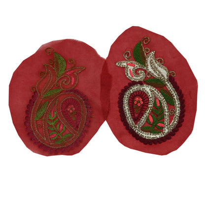 Indian Vintage 4 Pcs Rare Appliques Red Georgette Applique VERY OLD ANTIQUE Vintage Embroidered Snippets Remnants Craft Journals